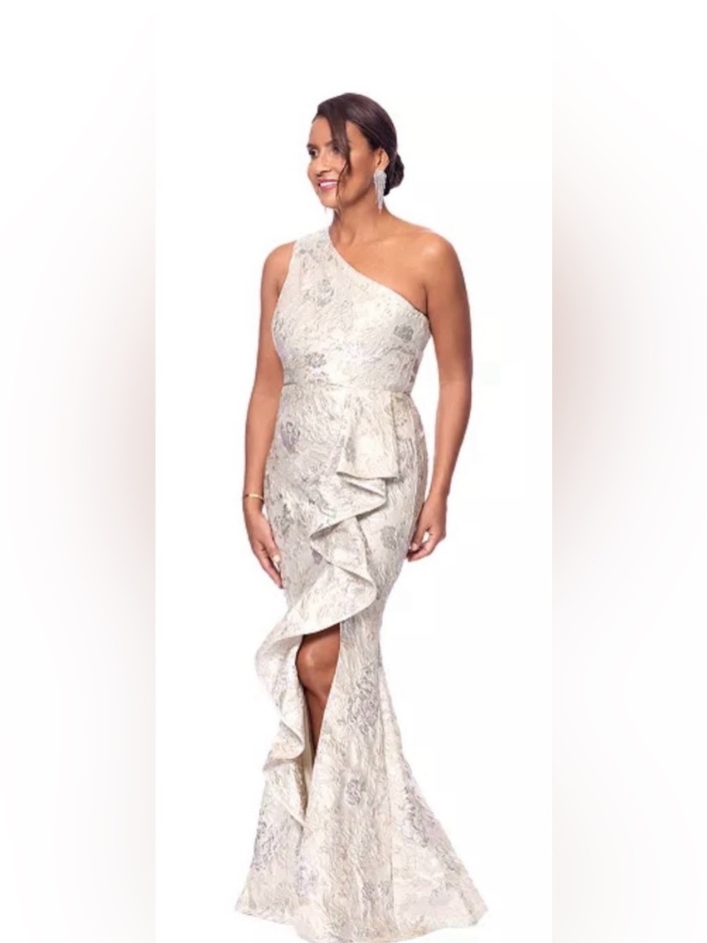 XSCAPE • Metallic Jacquard One-Shoulder Gown